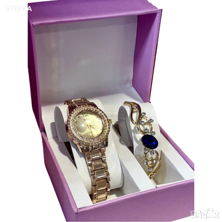 Луксозен дамски комплект – елегантен часовник и изискана гривна с камъни, снимка 1