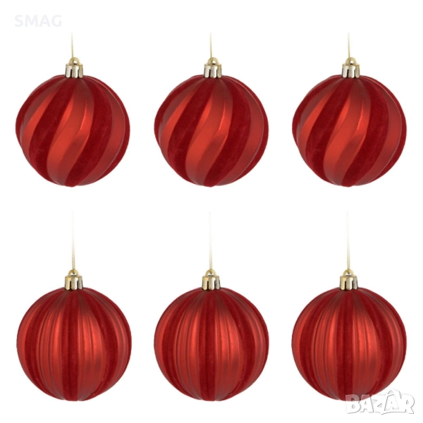 Комплект коледни топки за елха – червени матови с кадифени райета Ø8 см – 6 броя_1241001, снимка 1