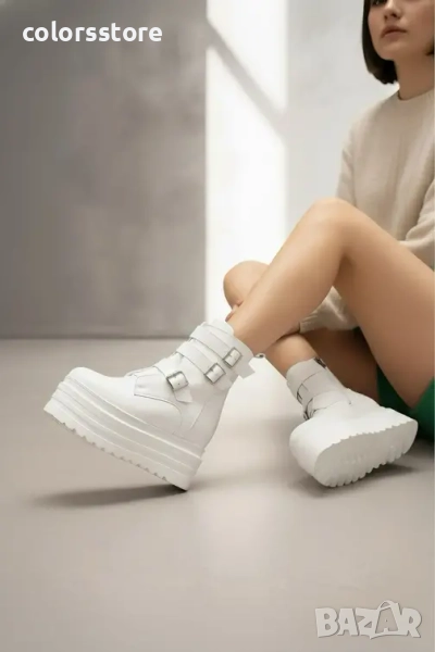 Боти на платформа - бяла кожа - BML40 , снимка 1