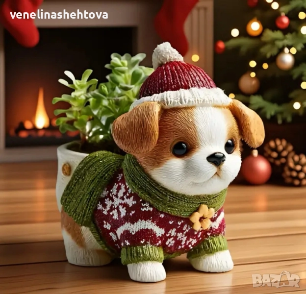 3D Коледно кученце куче с шапка шал силиконов молд форма кашпа за декорация , снимка 1