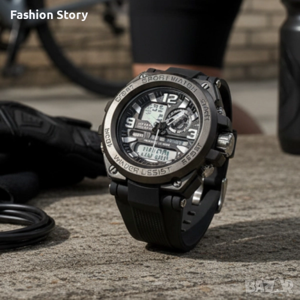 Спортен аналогово-дигитален мъжки часовник с подсветка, аларма и водоустойчив корпус, снимка 1