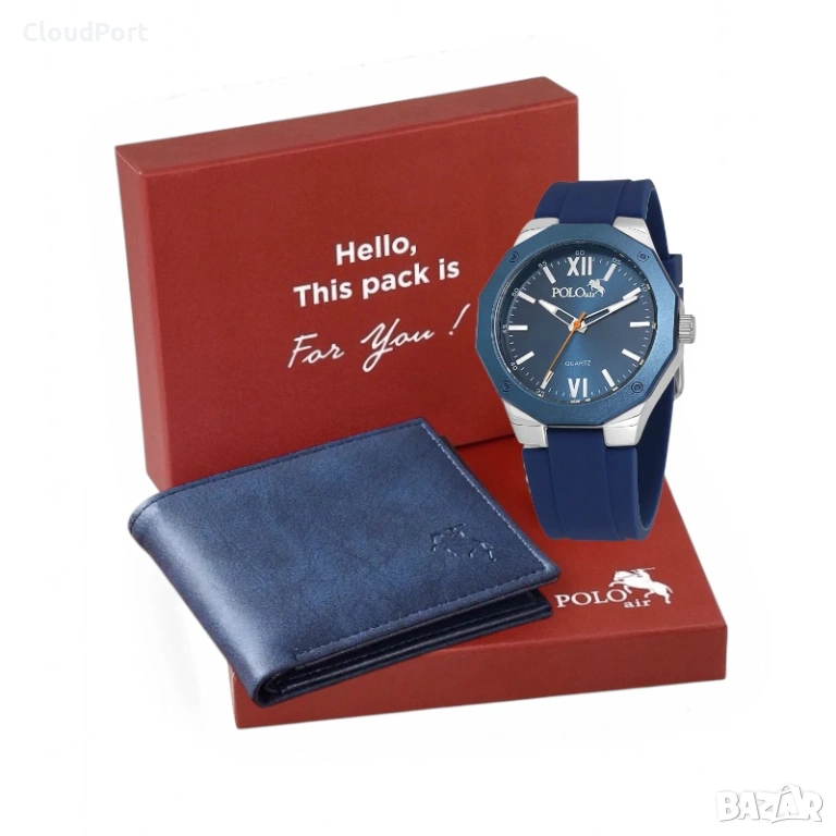 Мъжки комплект, POLO Air, портфейл и часовници, Тъмносин, снимка 1
