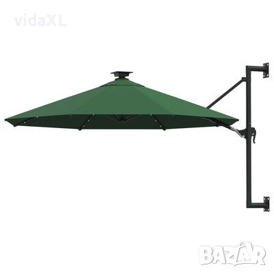 vidaXL Чадър за монтаж на стена с LED и метален прът, 300 см, зелен（SKU:312523, снимка 1
