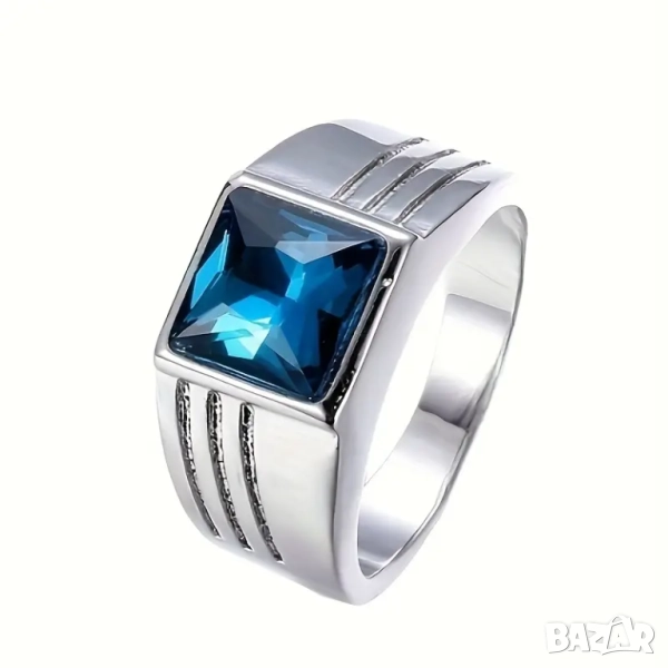Мъжки пръстен от инкрустиран квадратен син циркон, снимка 1