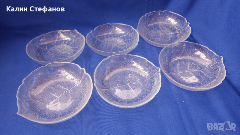 Стъклени купички под формата на листо за студени мезета, релефни, 6 бр, снимка 1