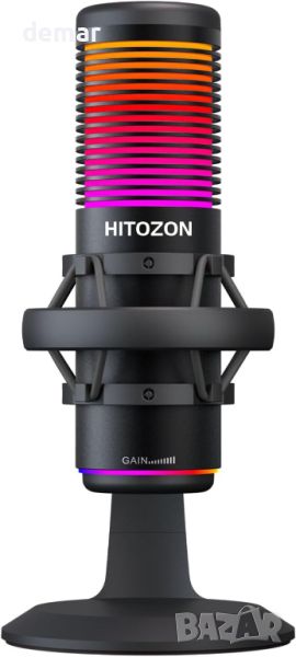 USB микрофон за игри HITOZON, USB кондензаторен микрофон с RGB, заглушаване, усилване, наблюдение, снимка 1