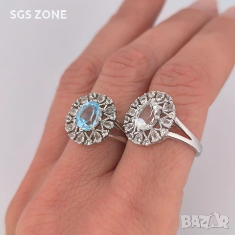 СРЕБЪРЕН ПРЪСТЕН С ПРОЗРАЧЕН ТОПАЗ И СИН ТОПАЗ С ПРОЗРАЧЕН МНОГОЦВЕТЕН 
