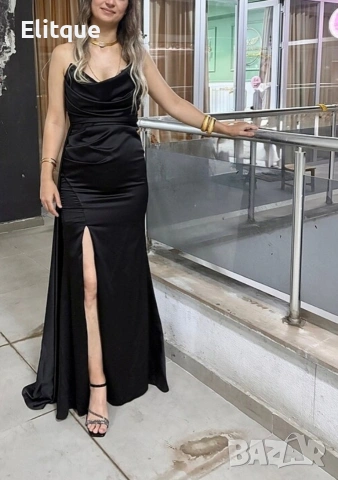 дълга сатенена рокля с цепка 