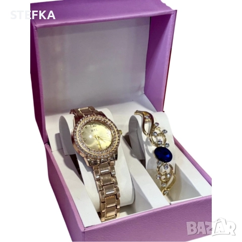 Луксозен дамски комплект – елегантен часовник и изискана гривна с камъни