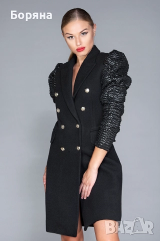 Replica Moda ново с етикет палто вълна с кожени ръкави