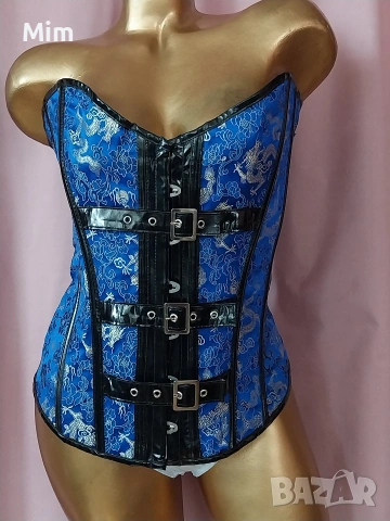 XL Син сатенен корсет с кожа / лак /, снимка 9 - Корсети, бюстиета, топове - 53897882