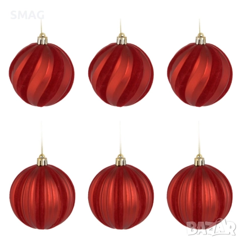 Комплект коледни топки за елха – червени матови с кадифени райета Ø8 см – 6 броя_1241001
