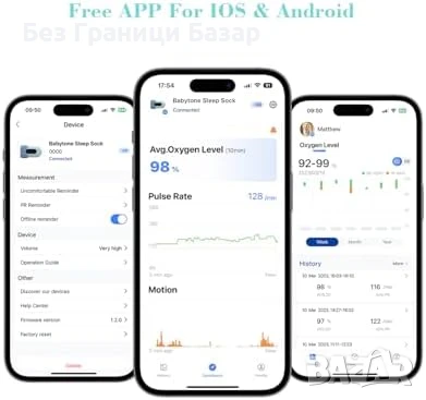 Нов Бебешки Монитор Смарт Чорап ViHealth Пулс + Кислород + Движения, снимка 7 - Други - 51290118