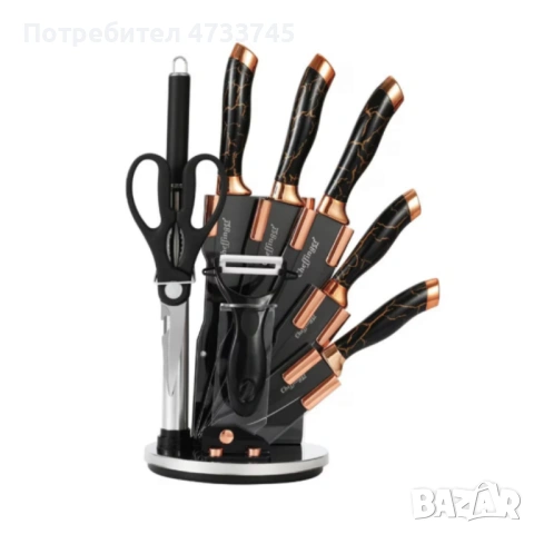 Комплект уреди за рязане Cheffinger – 9 части с мраморно покритие, стойка, точило и белачка, снимка 3 - Прибори за хранене, готвене и сервиране - 53438750