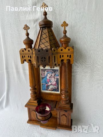 Дърворезба, старинен домашен иконостас с кандило , икона, снимка 10 - Антикварни и старинни предмети - 45418992