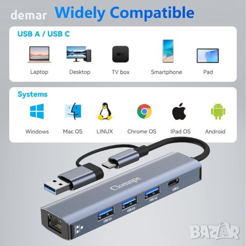 5 в 2 USB хъб Ethernet 1000M, с 3 *USB 3.0 и USB-C порта, снимка 7 - Кабели и адаптери - 45221651