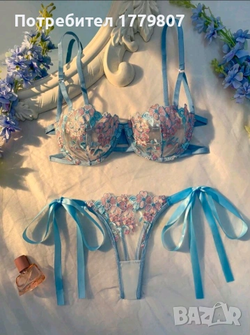 Crystal Vow 2 бр./компл. Дамски небесносин бродиран комплект бельо с връзки