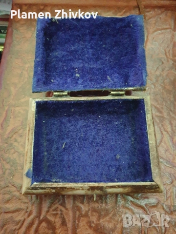 костена инкрустирана кутия  облицована със син бархет, снимка 6 - Антикварни и старинни предмети - 53438163