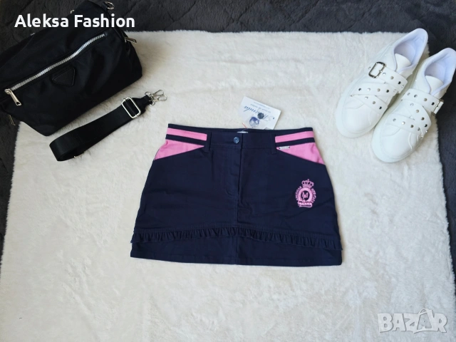 Дамска къса пола в тъмно синьо и розово