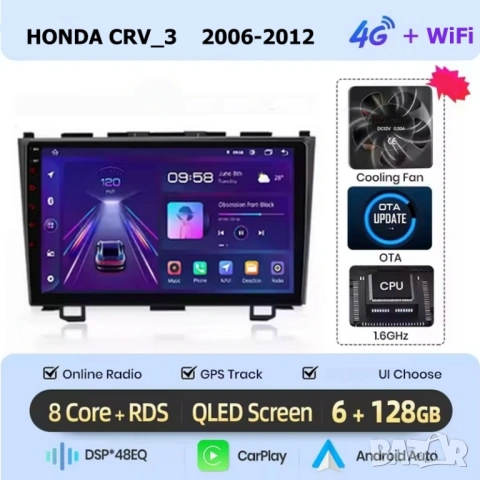Honda CR-V_3 2006-2012 9” 2-DIN с Android 14, 4G/LTE, 6/128GB, CarPlay и AndroidAuto , снимка 3 - Аксесоари и консумативи - 54162967