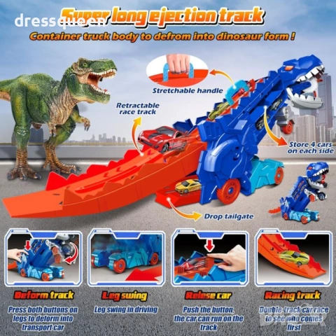 4742 Син Камион Динозавър с Трансформираща се Писта за Изстрелване: Комплект 3в1 с Включени коли, снимка 6 - Коли, камиони, мотори, писти - 53780071