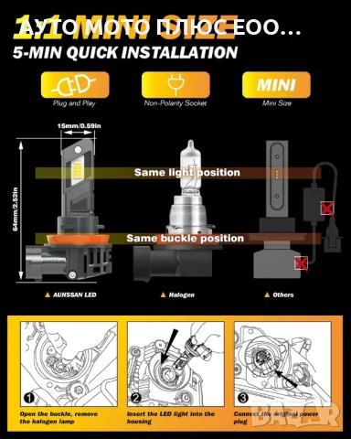 Диодни LED крушки за фарове H11 (H8/H9) 10600lm, 6500К., снимка 4 - Аксесоари и консумативи - 49639035
