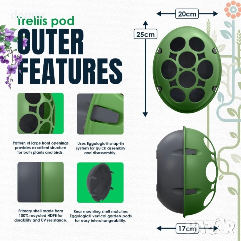 eggologic Trellis Pod - Вертикална градинска саксия за увивни растения, снимка 6 - Саксии и кашпи - 51755865