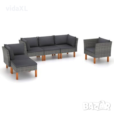 vidaXL Градински лаундж комплект, 6 части, сив полиратан и евкалипт（SKU:3082084