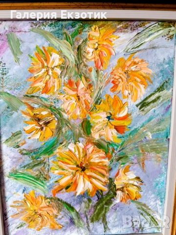 Маслена картина "Слънчогледи" с авторско стихче към нея, снимка 3 - Картини - 54152515