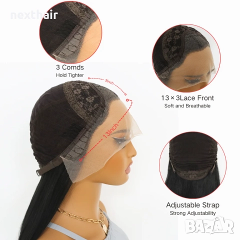 80 см Дантелена черна права перука от висококачествен синтетичен косъм, снимка 7 - Аксесоари за коса - 52231498