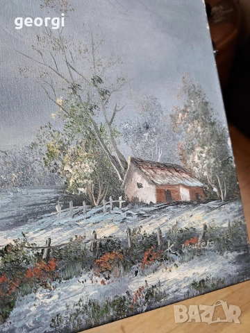 стара авторска картина зимен пейзаж маслени бои върху платно М1, снимка 6 - Картини - 54013591