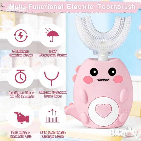 Детска електрическа четка за зъби U-образна, 360º, 3 режима, IPX7, 4 глави, снимка 4 - Други - 53901224