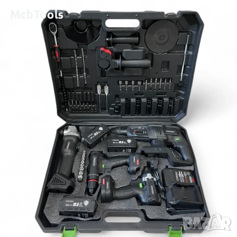 Комплект 5 в 1 от акумулаторен перфоратор, винтоверт, гайковерт, ъглошлайф и LED лампа 36V 10Ah, снимка 2 - Други инструменти - 50748032