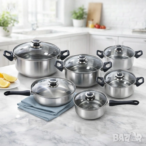 Комплект готварски съдове от инокс 12 части: 5 тенджери, тиган и стъклени капаци (16-24 см), снимка 2 - Съдове за готвене - 53627093