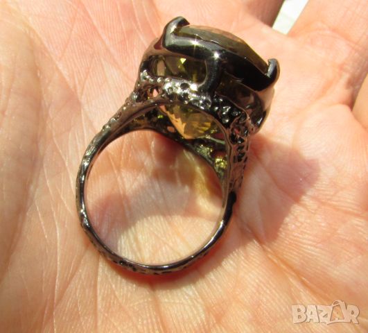 925 сребърен пръстен с лимонов кварц 25 карата, камък 27x15мм, общо тегло 13.2гр., снимка 4 - Пръстени - 46388444