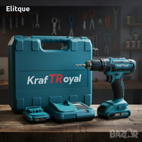 Aкумулаторен винтоверт Kraft Royal 36V с 2 батерии 8Ah, 24 части и куфар — дълготрайна мощност, снимка 3 - Винтоверти - 53354274