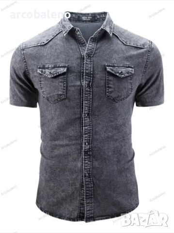 Нова мъжка едноцветна дънкова риза с джобове и къс ръкав, 4цвята , снимка 2 - Ризи - 46446257