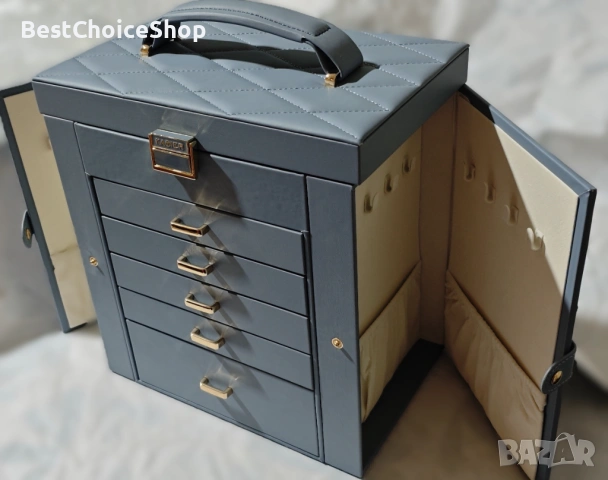 кутия за бижута 6-етажна от естествено дърво, кожа с огледало – XXL синьо-сиво, снимка 6 - Други - 53357861