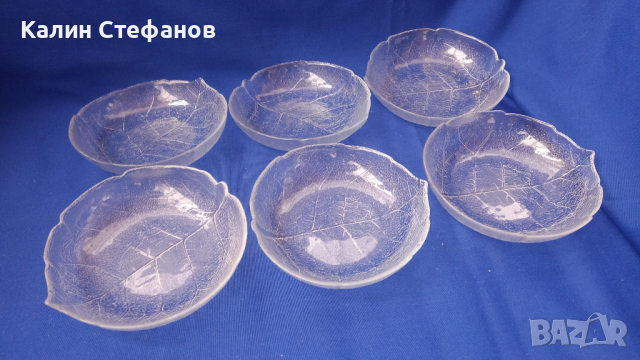 Стъклени купички под формата на листо за студени мезета, релефни, 6 бр, снимка 1 - Прибори за хранене, готвене и сервиране - 44949704