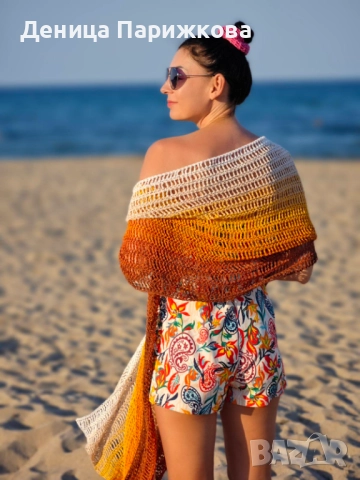 Ръчно плетен макси шал наметка "Слънчоглед", снимка 13 - Шалове - 52771035