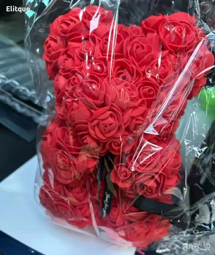 Плюшено мече с LED рози - подарък за мама, момиче, баба - комплект вечни рози 25 см, снимка 1