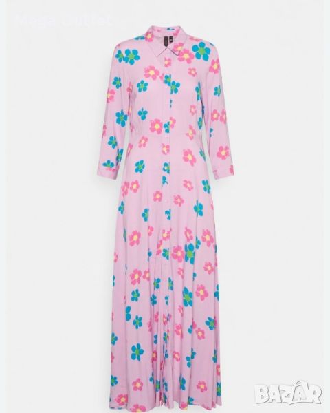 Дълга риза рокля в розов цвят с флорални мотиви, бранд YAS, снимка 1