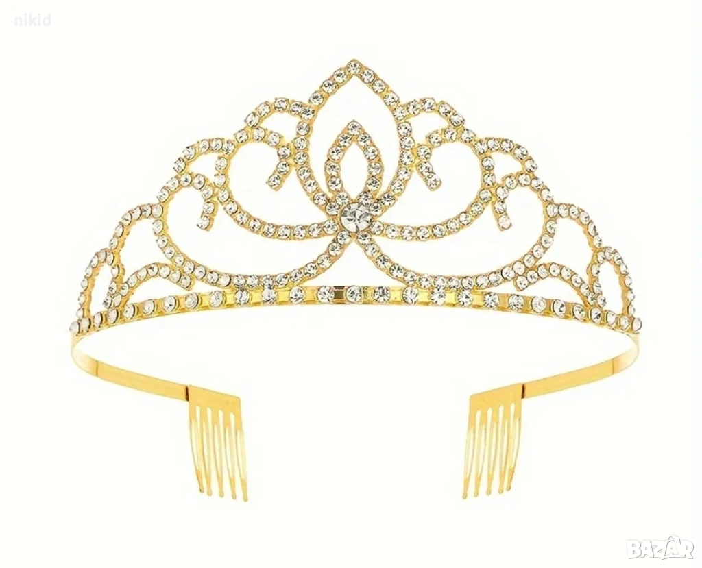 Златиста метална корона тиара диадема с камъни с гребен дамска детска, снимка 1