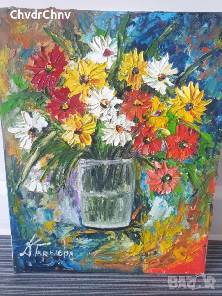 Деница Гарелова 30x24см/малка българска картина масло върху платно-картон/натюрморт-цветя/без рамка, снимка 1