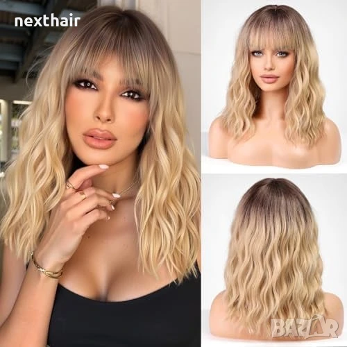 Руса омбре чуплива перука с черни корени и бретон, снимка 1