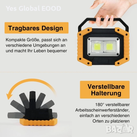 Tekstap 2бр LED работна лампа 30W 1500LM акумулаторна с USB, снимка 6 - Друга електроника - 51998233