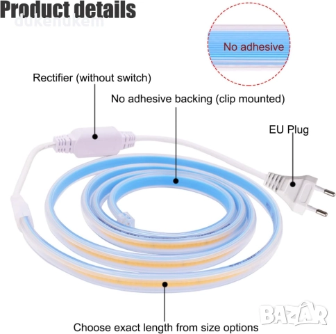 COB LED лента XUNATA 220V, 2 м, 360 LED/m, IP65, естествена светлина 4000K, снимка 3 - Лед осветление - 52652073