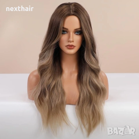 Чуплива омбре перука с тъмни корени и руси нюанси - 65 см, снимка 2 - Аксесоари за коса - 53831382