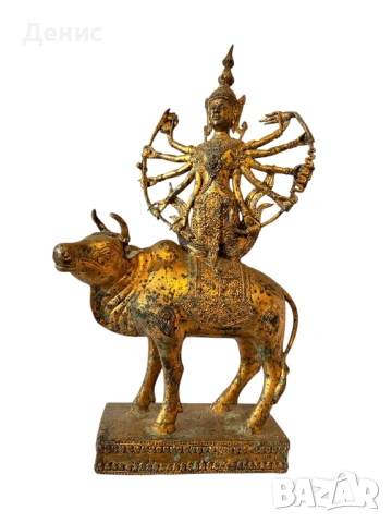 Бронзова индийска статуя – многоръка богиня върху бик / ръчна изработка, снимка 2 - Статуетки - 53062065