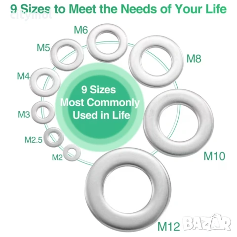 Комплект от 600 броя неръждаеми шайби - M2, M2.5, M3, M4, M5, M6, M8, M10 и M12, снимка 4 - Други инструменти - 53642585